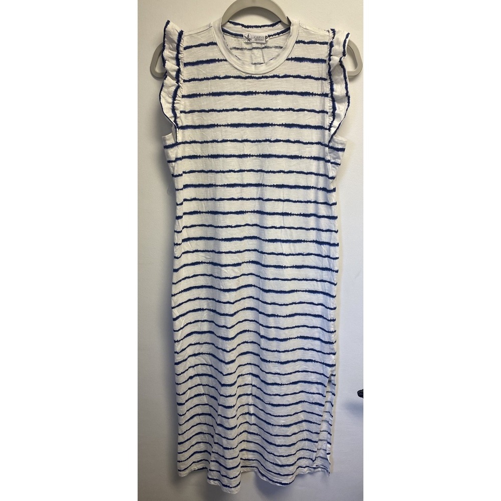 Carve Designs Dress Maxi Tye Dye Side Slit Ruffle Sleeve White Blue Gemma Small